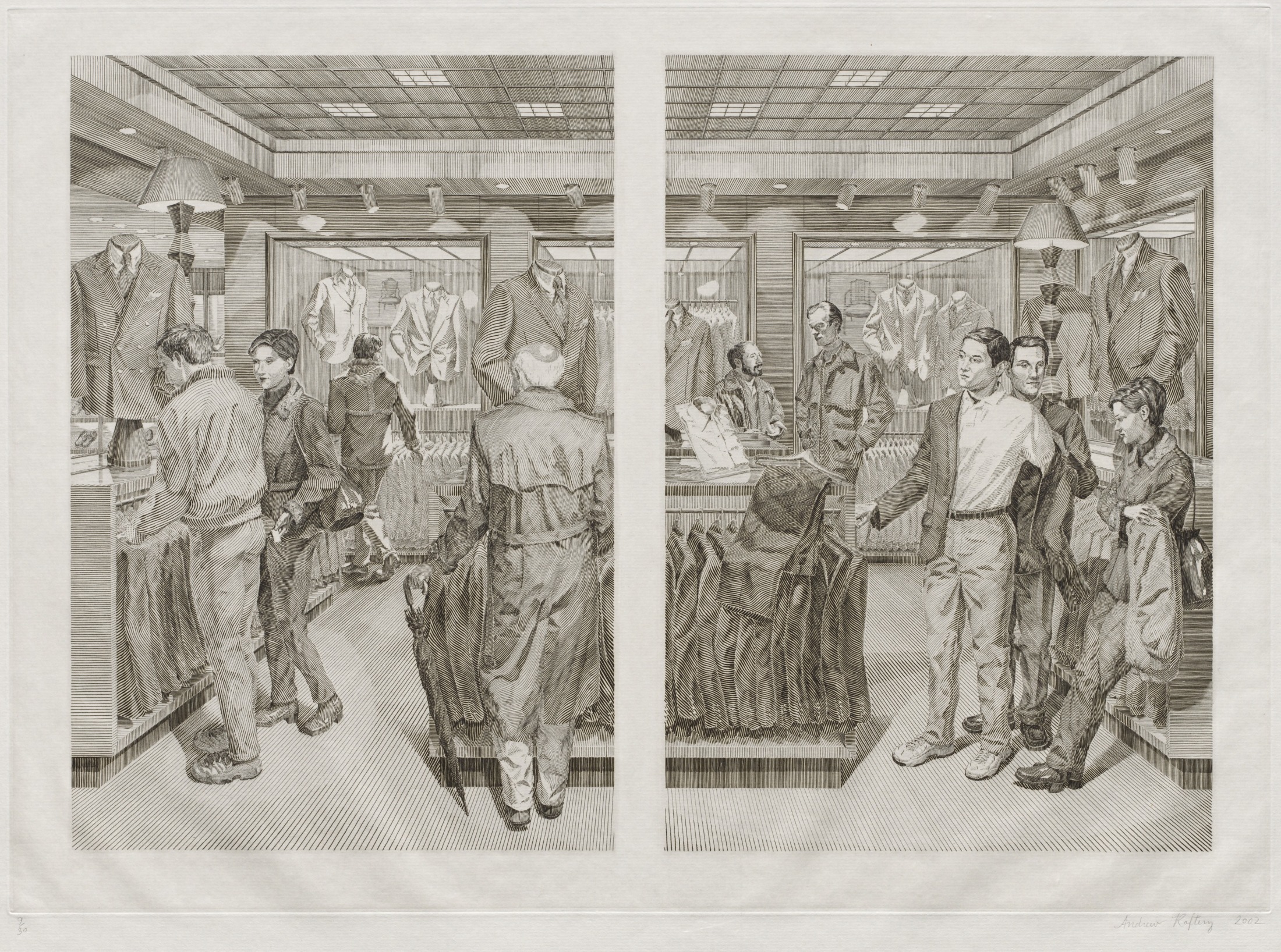 Raftery 2003 15 1 Suit Shopping: An Engraved Narrative, 2000-2002. Andrew Raftery (American, b. 1962). Engraving; 37.8 x 52.8 cm. Gift of friends in memory of Ann Bassett and Tom Johnson 2003.15. © Courtesy of the Artist and Mary Ryan Gallery, New York, NY.