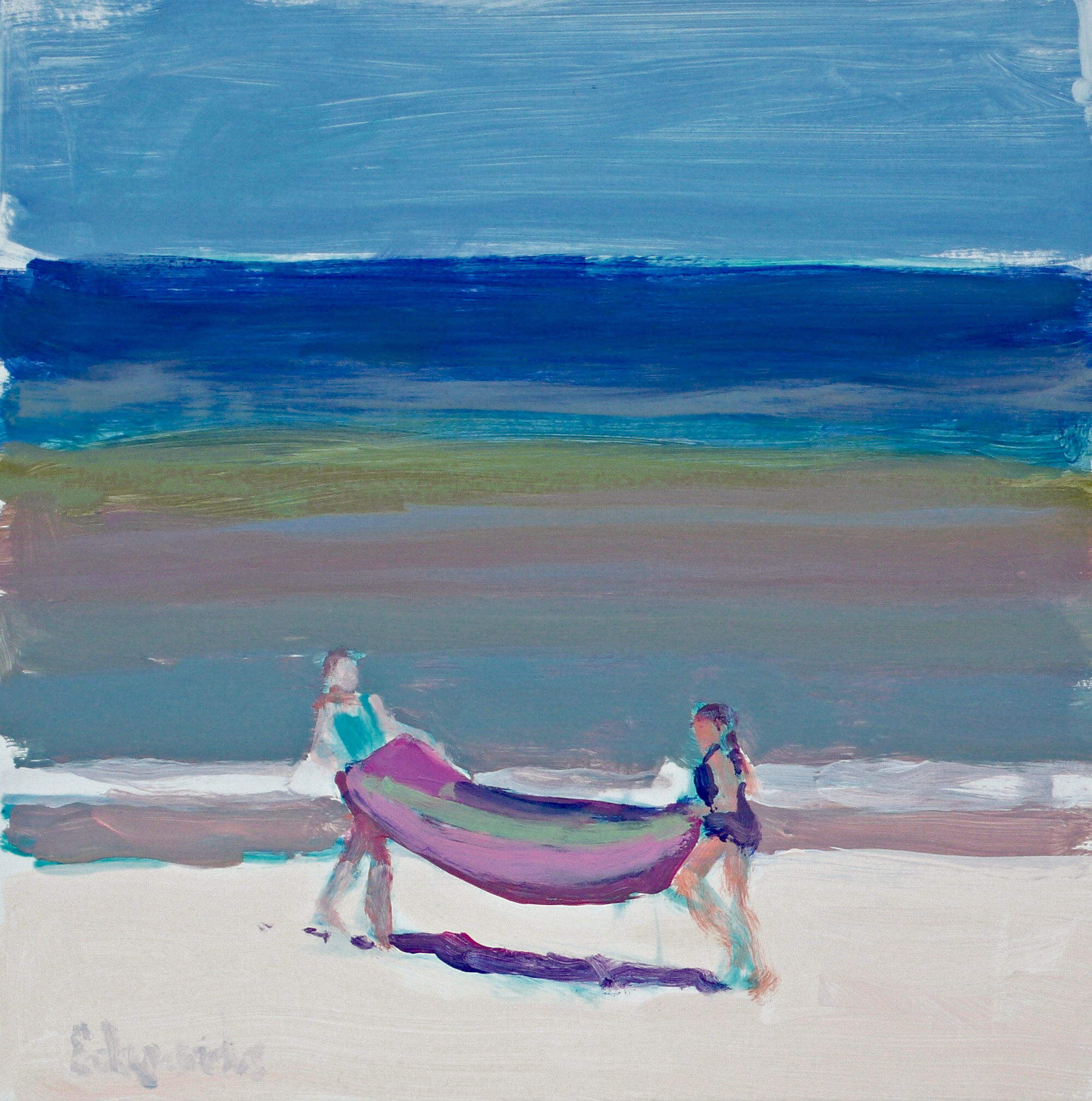 TWO GIRLS FOLDING A BLANKET, 16 X 16 INCHES, ACRYLIC : BOARD Herb Edwards, "Two Girls Folding a Blanket", Acrylic-Board, 16"x16"