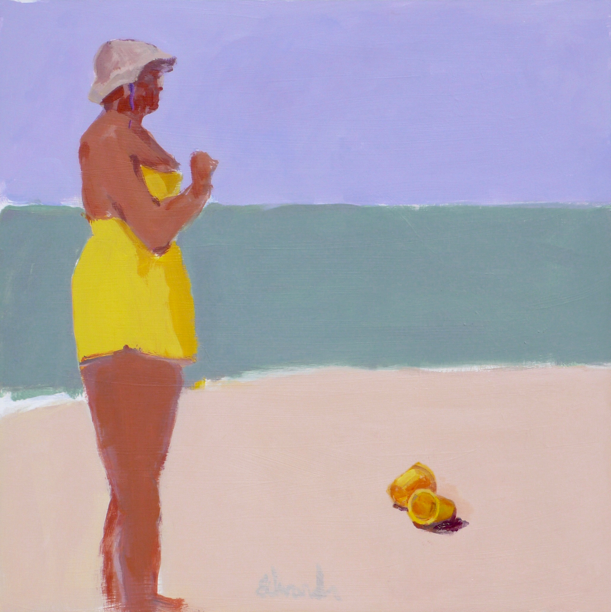 WOMEN WITH YELLOW PAILS, 24 X 24, ACRYLIC : BOARD Herb Edwards, "Women with Yellow Pails", Acrylic-Board, 24"x24"