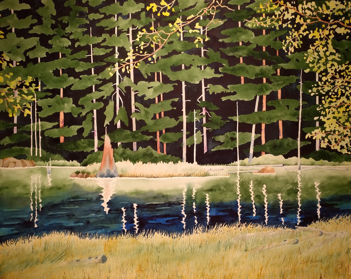 “Mountain Lake North”, Watercolor, 20 x 30 inches, 2018.
